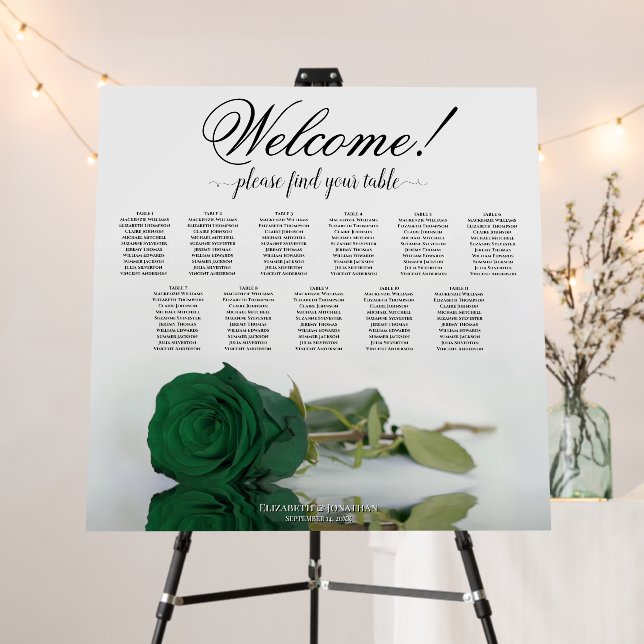 Welcome! 11 Table Emerald Green Rose Seating Chart Foam Board (In Situ (Stand))