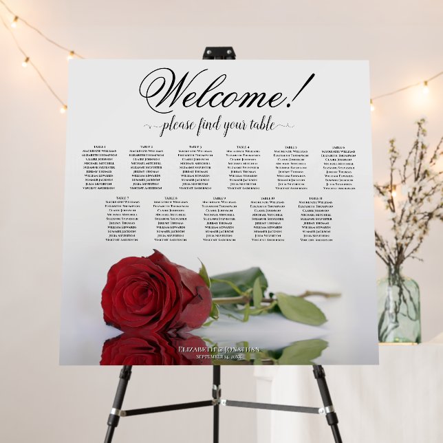 Welcome! 11 Table Red Rose Wedding Seating Chart Foam Board (In Situ (Stand))