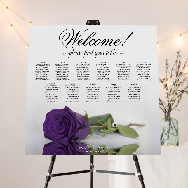 Welcome! 11 Table Royal Purple Rose Seating Chart Foam Board (In Situ (Stand))