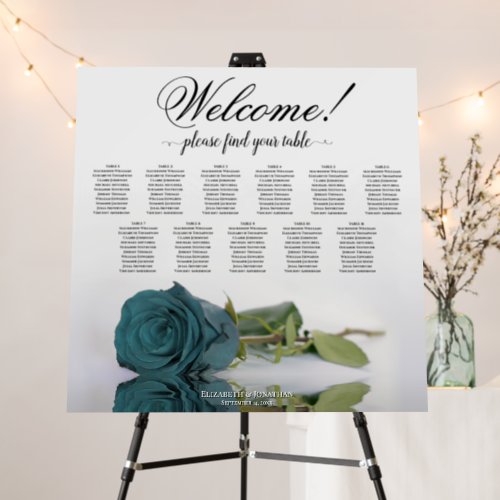 Welcome 11 Table Teal Rose Wedding Seating Chart Foam Board