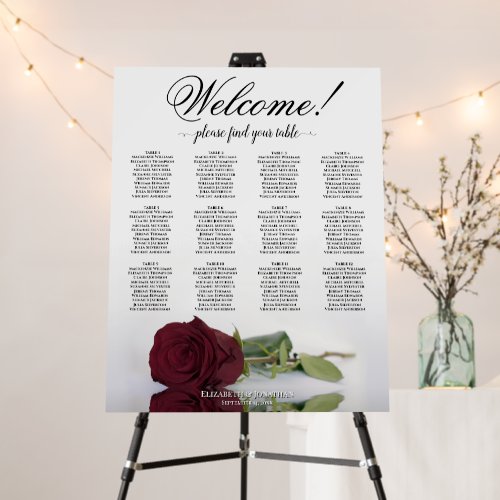 Welcome! 12 Table Burgundy Rose Seating Chart Foam Board