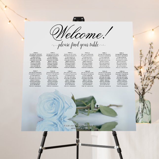 Welcome! 12 Table Dusty Blue Rose Seating Chart Foam Board (In Situ (Stand))