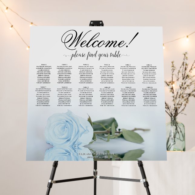 Welcome! 12 Table Dusty Blue Rose Seating Chart Foam Board (In Situ (Stand))