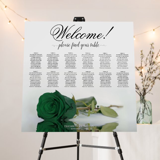Welcome! 12 Table Emerald Green Rose Seating Chart Foam Board (In Situ (Stand))