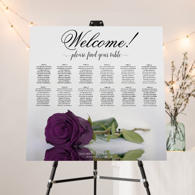 Welcome! 12 Table Plum Purple Rose Seating Chart Foam Board (In Situ (Stand))