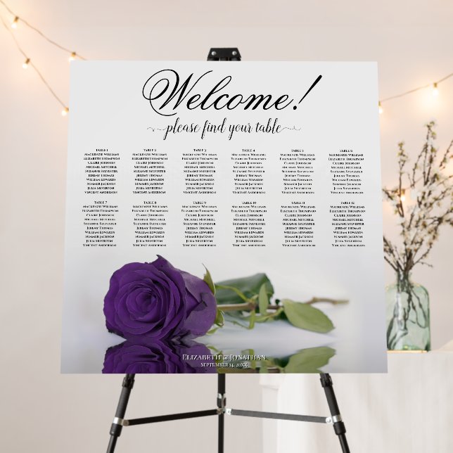 Welcome! 12 Table Royal Purple Rose Seating Chart Foam Board (In Situ (Stand))