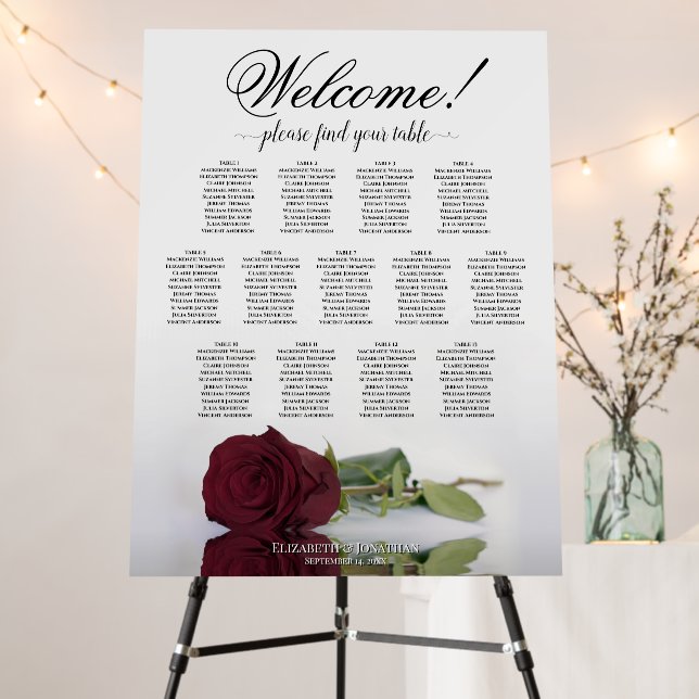 Welcome! 13 Table Burgundy Rose Seating Chart Foam Board (In Situ (Stand))