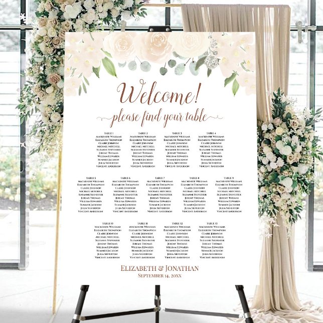 Welcome! 13 Table Champagne Roses Seating Chart Foam Board (In Situ on Stand with Flowers)
