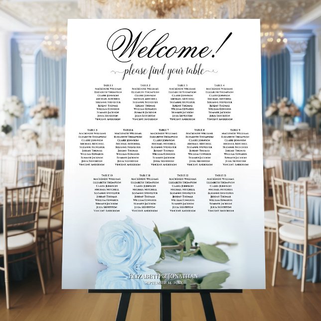 Welcome! 13 Table Dusty Blue Rose Seating Chart Foam Board (On Stand at Reception)