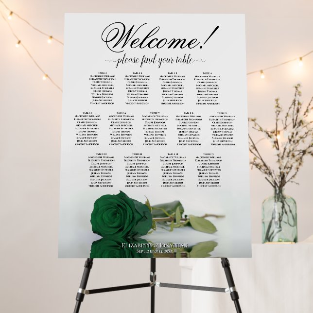 Welcome! 13 Table Emerald Green Rose Seating Chart Foam Board (In Situ (Stand))