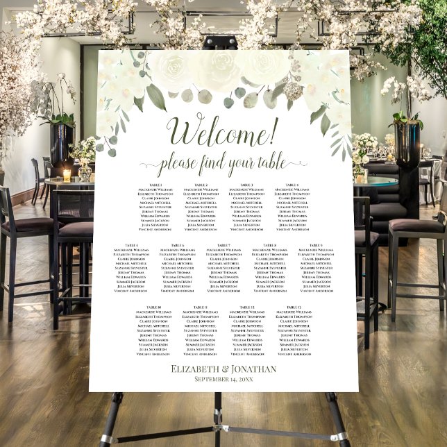 Welcome! 13 Table Ivory White Roses Seating Chart Foam Board (In Situ on Stand at Reception)