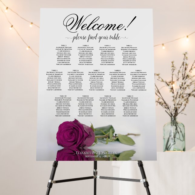 Welcome! 13 Table Magenta Berry Rose Seating Chart Foam Board (In Situ (Stand))