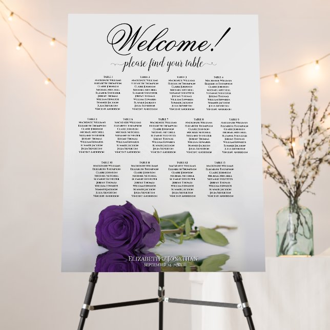 Welcome! 13 Table Royal Purple Rose Seating Chart Foam Board (In Situ (Stand))