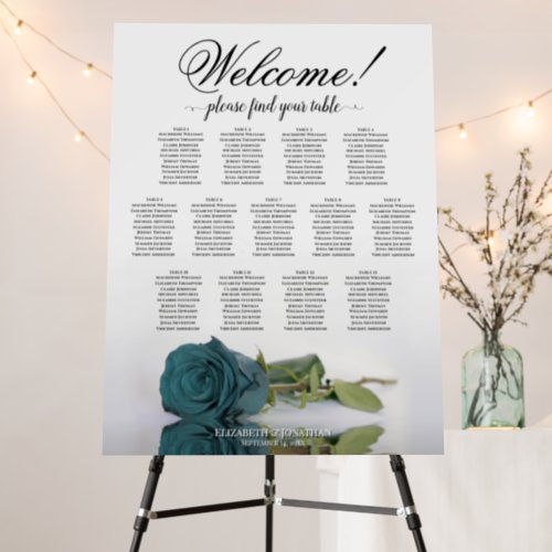 Welcome 13 Table Teal Rose Wedding Seating Chart Foam Board