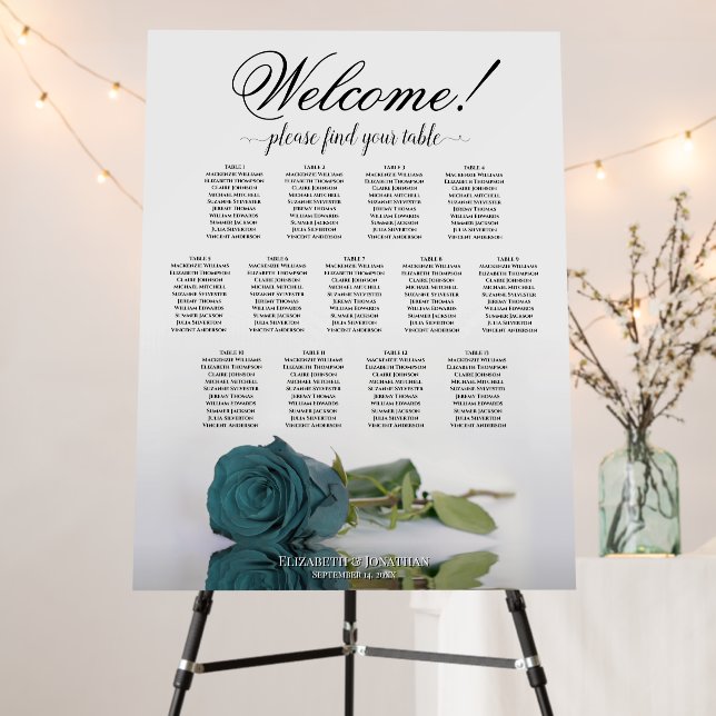Welcome! 13 Table Teal Rose Wedding Seating Chart Foam Board (In Situ (Stand))
