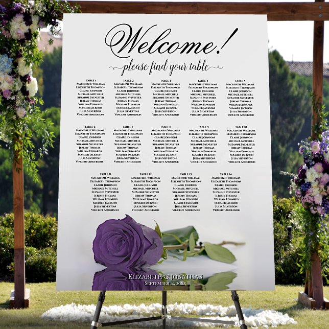 Welcome! 14 Table Amethyst Rose Seating Chart Foam Board (In Situ on Stand with Flowers)