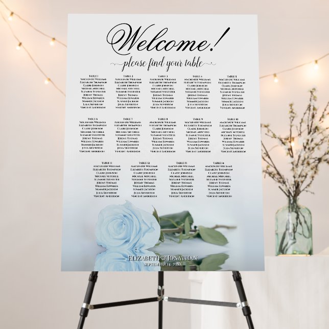 Welcome! 14 Table Dusty Blue Rose Seating Chart Foam Board (In Situ (Stand))