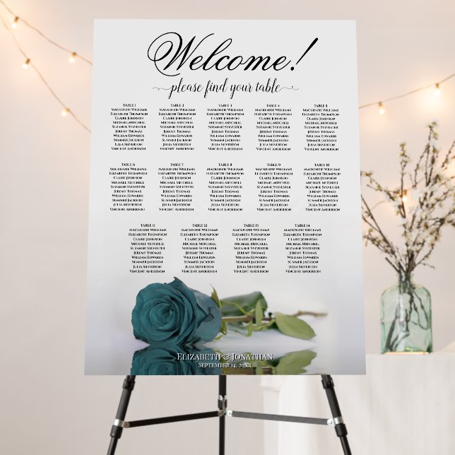 Welcome 14 Table Elegant Teal Rose Wedding Seating Foam Board (In Situ (Stand))
