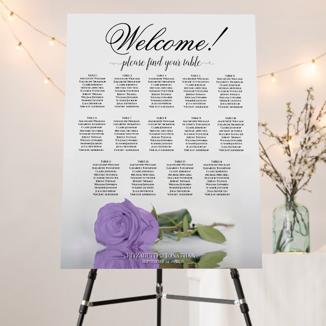 Welcome! 14 Table Lavender Rose Seating Chart Foam Board (In Situ (Stand))