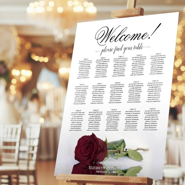 Welcome! 15 Table Burgundy Rose Seating Chart Foam Board (On Stand at Reception)