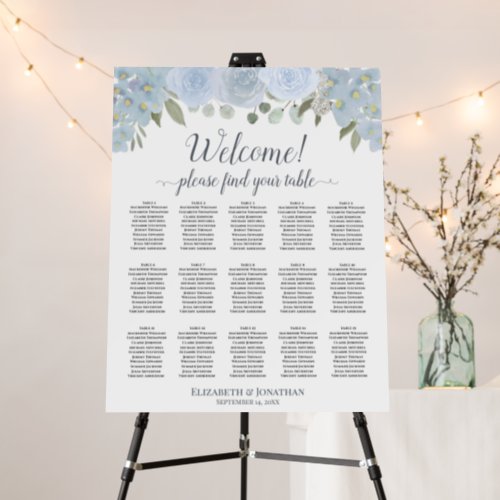 Welcome 15 Table Dusty Blue Floral Seating Chart Foam Board