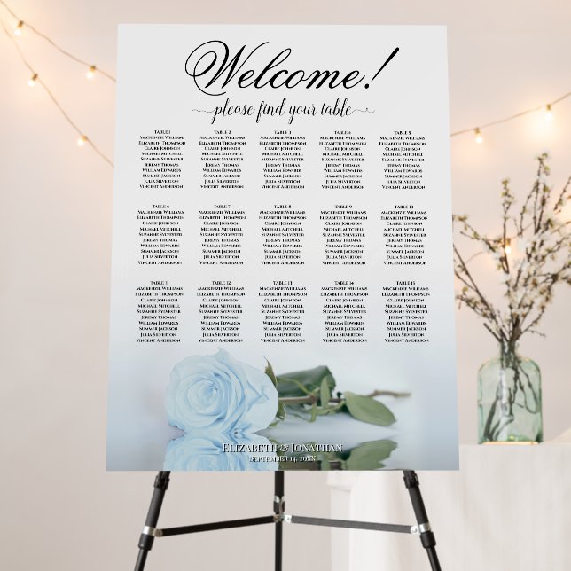 Welcome! 15 Table Dusty Blue Rose Seating Chart Foam Board (In Situ (Stand))