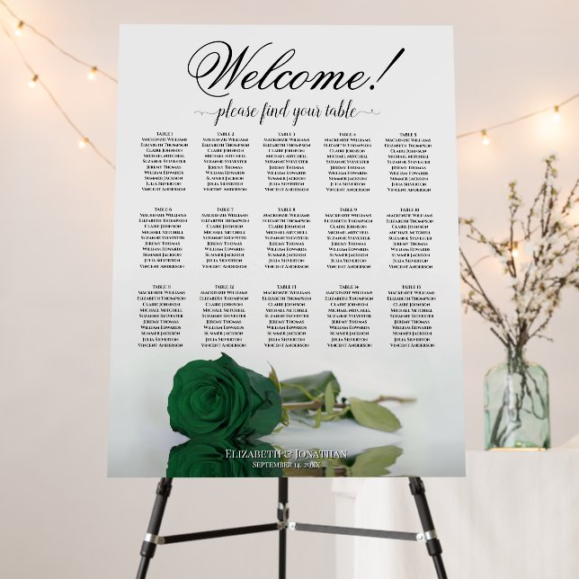 Welcome! 15 Table Emerald Green Rose Seating Chart Foam Board (In Situ (Stand))