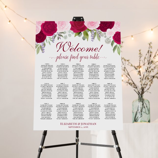 Welcome! 15 Table Magenta Pink Roses Seating Chart Foam Board (In Situ (Stand))