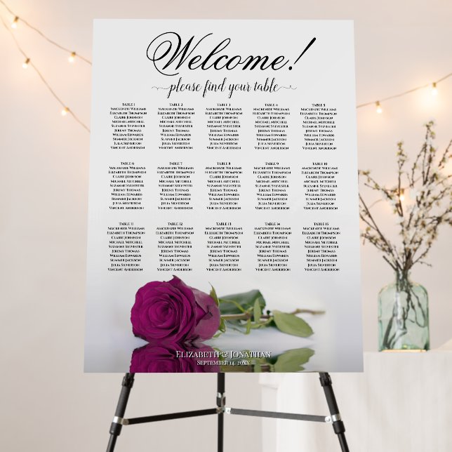 Welcome! 15 Table Magenta Plum Rose Seating Chart Foam Board (In Situ (Stand))
