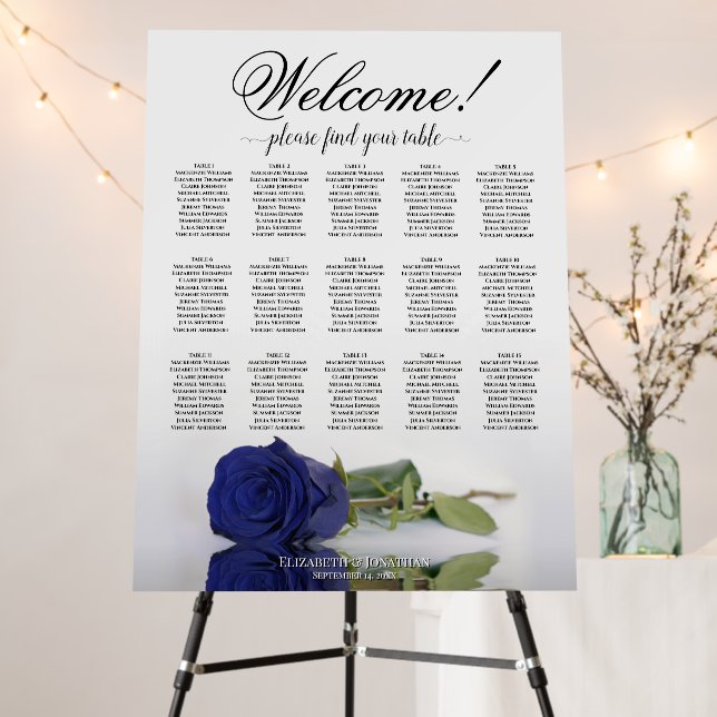 Welcome! 15 Table Navy Blue Rose Seating Chart Foam Board (In Situ (Stand))