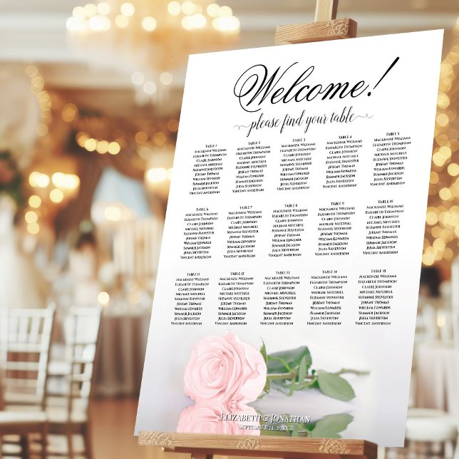 Welcome! 15 Table Pink Rose Wedding Seating Chart Foam Board (On Stand at Reception)