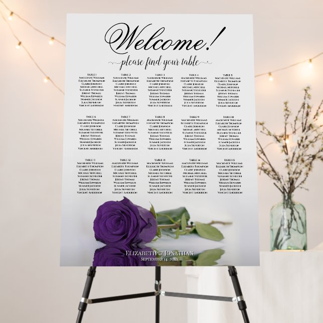 Welcome! 15 Table Royal Purple Rose Seating Chart Foam Board (In Situ (Stand))