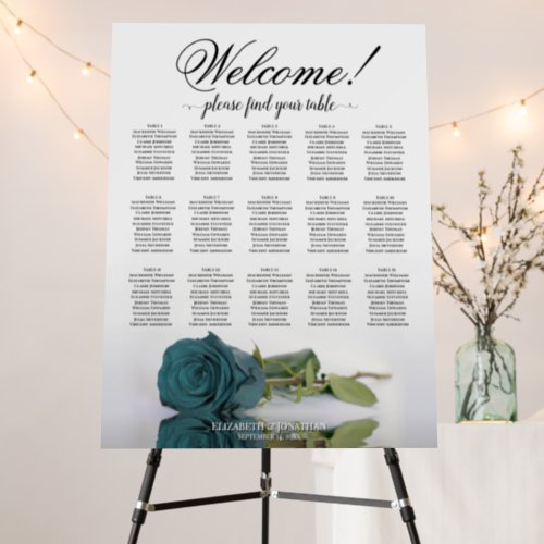 Welcome 15 Table Teal Rose Wedding Seating Chart Foam Board