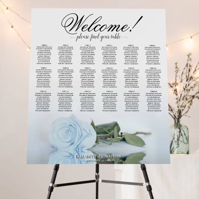 Welcome! 18 Table Dusty Blue Rose Seating Chart Foam Board (In Situ (Stand))
