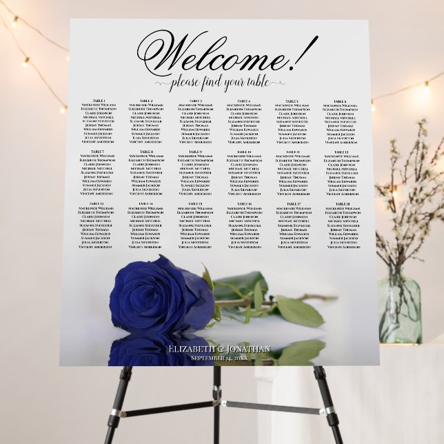 Welcome! 18 Table Navy Blue Rose Seating Chart Foam Board (In Situ (Stand))