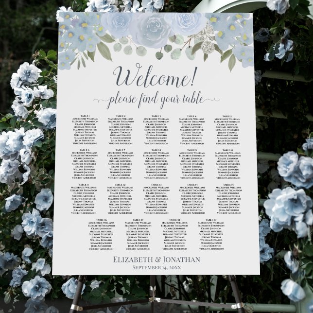 Welcome! 19 Table Dusty Blue Floral Seating Chart Foam Board (In Situ on Stand)