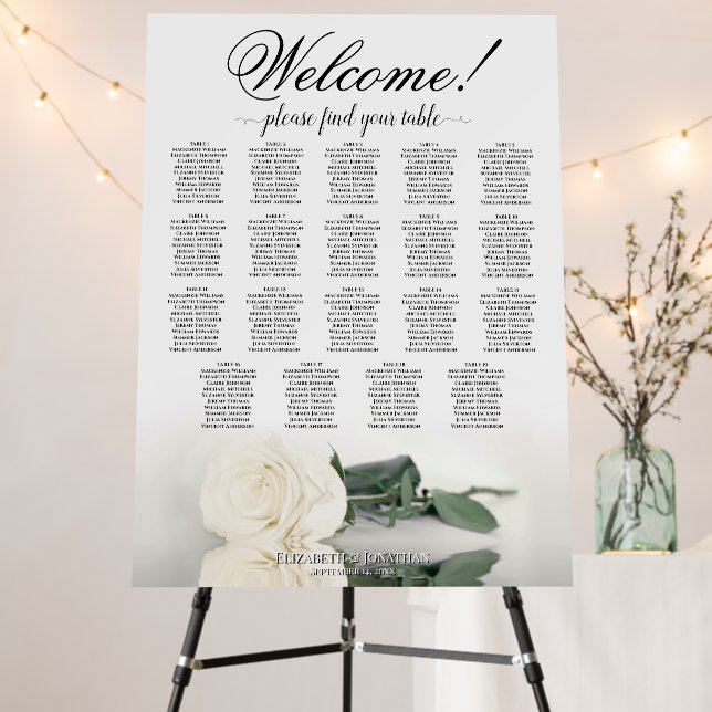 Welcome! 19 Table Elegant White Rose Seating Chart Foam Board (In Situ (Stand))