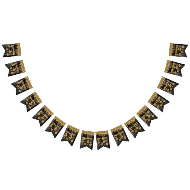 WELCOME 2023 BLACK & GOLD GLITTER DRIP CUSTOM BUNTING FLAGS (All)