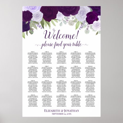 Welcome 20 Table Purple Boho Floral Seating Chart