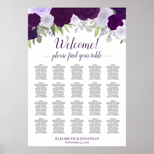 Welcome! 20 Table Purple Boho Floral Seating Chart (Front)