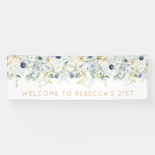 Welcome 21st Party Name White Florals Leaves Banner