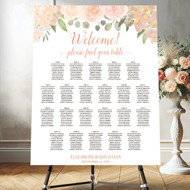 Welcome! 22 Table Coral Peach Floral Seating Chart Foam Board (On Stand with Flowers)