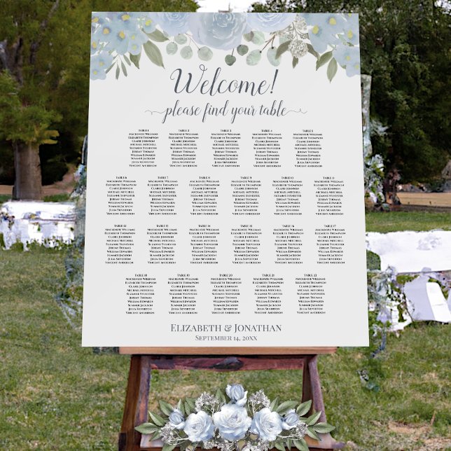 Welcome! 22 Table Dusty Blue Floral Seating Chart Foam Board (In Situ on Stand with Flowers)
