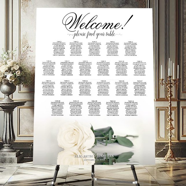 Welcome! 22 Table Elegant White Rose Seating Chart Foam Board (Creator Uploaded)