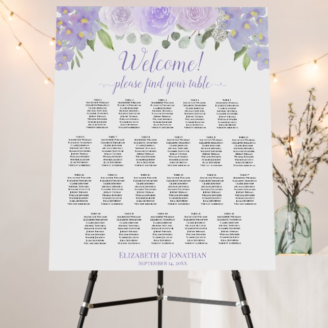 Welcome! 22 Table Lavender Floral Seating Chart Foam Board (In Situ (Stand))