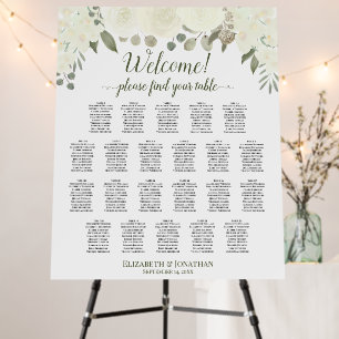 Welcome! 22 Table White & Sage Roses Seating Chart Foam Board