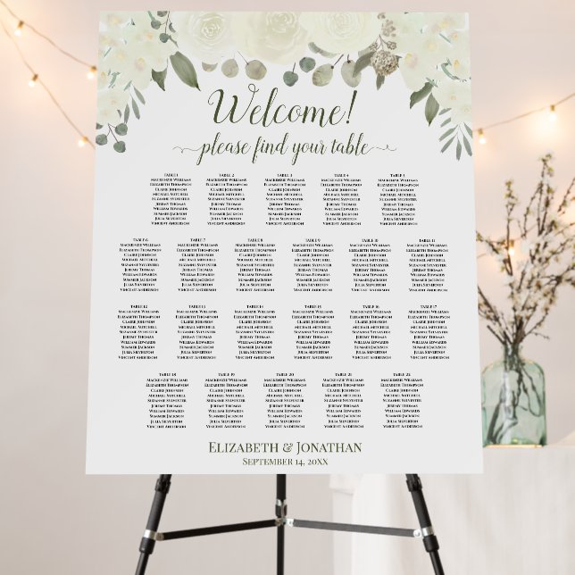 Welcome! 22 Table White & Sage Roses Seating Chart Foam Board (In Situ (Stand))