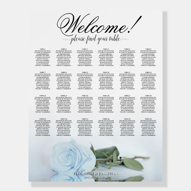Welcome! 24 Table Dusty Blue Rose Seating Chart Foam Board (Front)