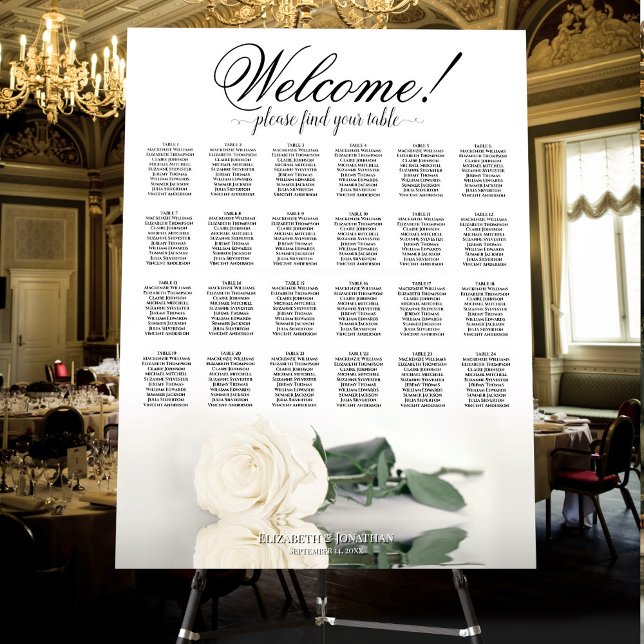 Welcome! 24 Table Elegant White Rose Seating Chart Foam Board (Creator Uploaded)