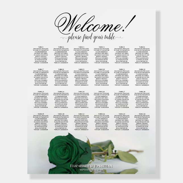 Welcome! 24 Table Emerald Green Rose Seating Chart Foam Board (Front)